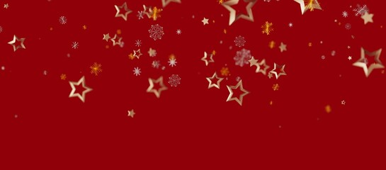 Festive red background with falling golden stars and snowflakes, perfect for Christmas cards, holiday designs, and seasonal greetings © vegefox.com