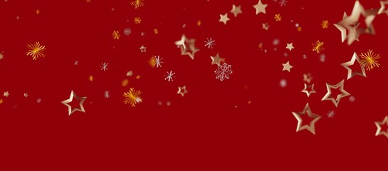 Christmas background with golden stars and snowflakes on a vibrant red backdrop. Perfect for holiday greetings and festive designs. E © vegefox.com