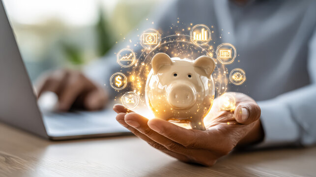 Male individual holds piggy bank surrounded by glowing financial icons, symbolizing savings, investment, and financial growth in modern economy