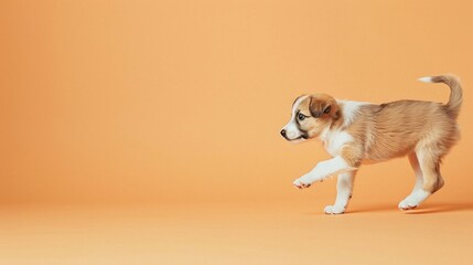 Playful puppy in motion against a warm backdrop