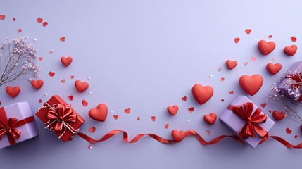 Light purple background with red gift box and heart