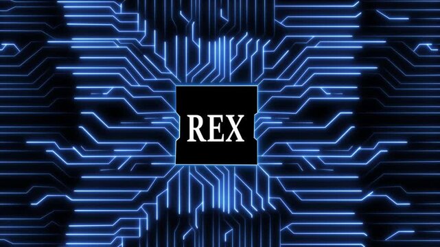 The glowing blue circuit board with the word rex in the center is a modern and futuristic design, perfect for technology, innovation, and digital themes, creating a visually striking image