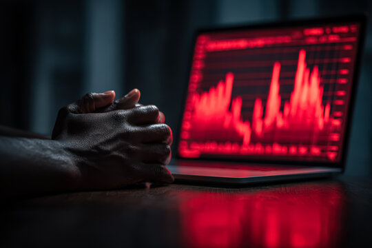 Male financial analyst is observing stock market trends on laptop screen, showcasing red graph patterns and a focused atmosphere