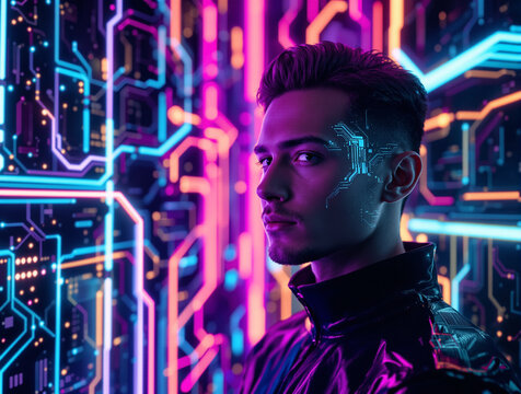 Portrait of Man in Futuristic Data Center Mockup: Neon-Lit 3D PCB Circuit Background