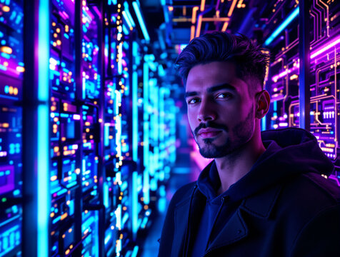 Portrait of Man in Futuristic Data Center Mockup: Neon-Lit 3D PCB Circuit Background