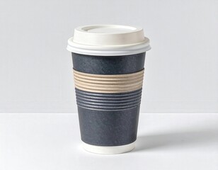 Striped paper coffee to go cup with a white lid on a white table.