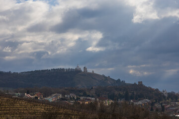 Mikulov in the South Moravian Region, Czech Republic, with a view of Holy Hill (Svaty kopecek) and the chateau