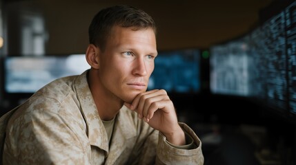 Fototapeta premium Military scientists testing AI-guided missile targeting systems in secure lab environment with holographic telemetry displays, representing precision defense technology, AI-assisted weapons