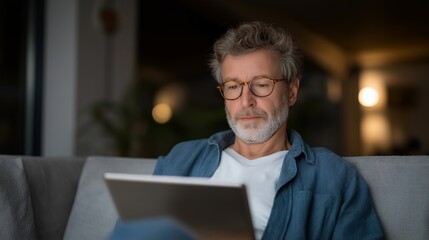Confident elderly man using a sleek tablet with AI voice assistant interface glowing on the screen in a modern living room, surrounded by cozy natural light and minimalist furniture, illustrating
