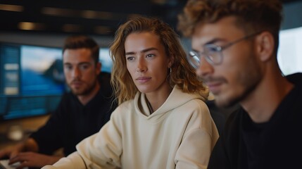 Creative studio team collaborating remotely on branding projects using VR workspaces with virtual screens and interactive design tools, representing remote creative collaboration, immersive project