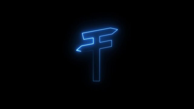 Glowing blue neon direction signpost animation with bright luminous lines. Path finding concept. Future journey indicator. 4K navigation motion graphics.