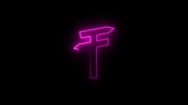 Glowing pink neon animated directional sign icon. Navigation path illustration. Bright geometric glowing line. 4k wayfinding motion graphic.