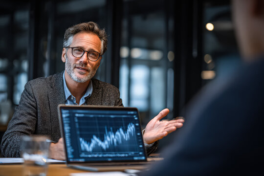 Male professional is explaining financial concepts with data charts on laptop during a business meeting, showcasing collaboration and analysis