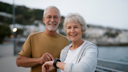 Close-up of smiling elderly pair comparing heart rate results on their fitness trackers after a brisk walk, showcasing connected health, fitness motivation, and wellness monitoring for aging