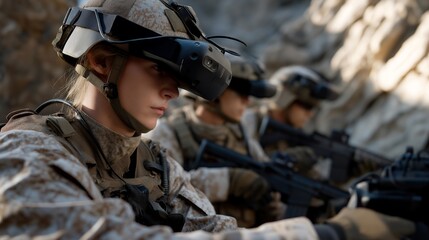 Wide-angle shot of group of recruits navigating VR battlefield with instructor guidance, symbolizing modern military education, digital tactical training, and future-ready soldier preparedness.