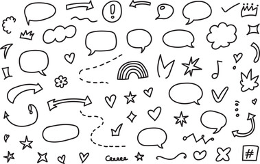 Hand Drawn Doodle Speech Bubbles Arrows Crowns Stars and Fun Sketch Vector Illustration