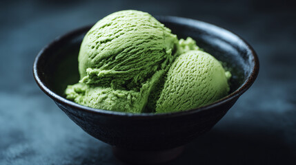 Fototapeta premium A bowl of green tea ice cream with multiple scoops sitting on a dark surface in soft lighting