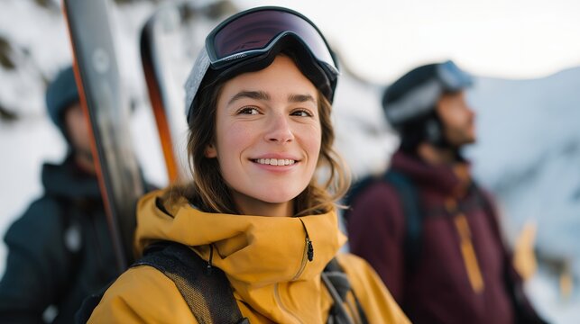 Group of skiers equipped with sensors embedded in suits tracking motion data on slopes, emotion of enthusiasm visible, representing advanced sports science, real-time feedback, and digital