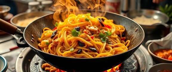 Hong Kong style fried noodles, wok-seared with intense flame, a vibrant Thai street food delight,  lunch,  savory dish
