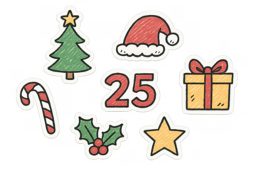 Christmas holiday stickers set with festive doodles including tree, gift, santa hat, holly, candy cane, and number 25