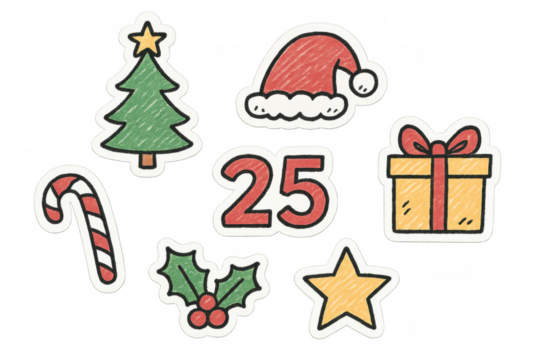 Christmas holiday stickers set with festive doodles including tree, gift, santa hat, holly, candy cane, and number 25