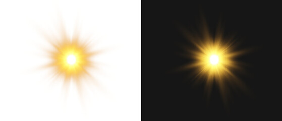 Yellow star flashed with sparkles sun isolated on white background. Soft glow without departing...