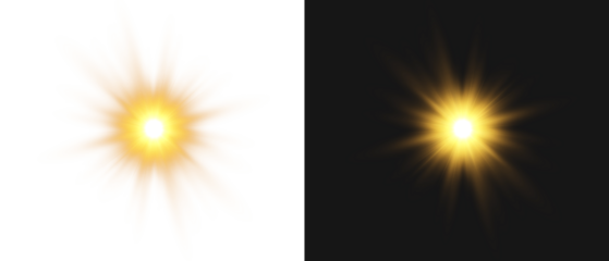 Yellow star flashed with sparkles sun isolated on white background. Soft glow without departing rays, sunlight with lens flare effect. PNG vector light effect.