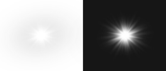 Yellow star flashed with sparkles sun isolated on white background. Soft glow without departing rays, sunlight with lens flare effect. PNG vector light effect.