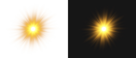 Yellow star flashed with sparkles sun isolated on white background. Soft glow without departing rays, sunlight with lens flare effect. PNG vector light effect.