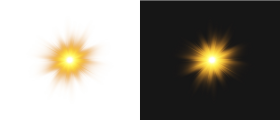 Yellow star flashed with sparkles sun isolated on white background. Soft glow without departing rays, sunlight with lens flare effect. PNG vector light effect.