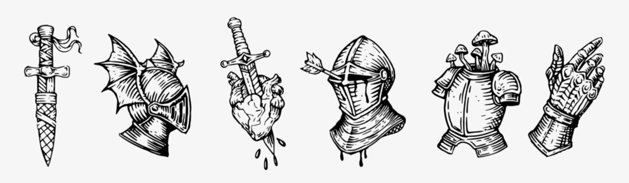 Hand-drawn medieval weapon and armor collection in engraving style. Includes dagger, sword piercing a heart, knight helmets, chest armor with mushrooms, and gauntlet.