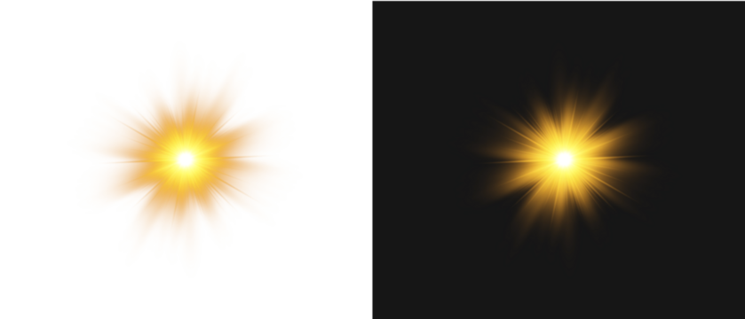 Yellow star flashed with sparkles sun isolated on white background. Soft glow without departing rays, sunlight with lens flare effect. PNG vector light effect.