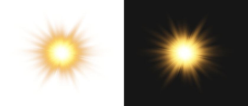 Yellow star flashed with sparkles sun isolated on white background. Soft glow without departing rays, sunlight with lens flare effect. PNG vector light effect.