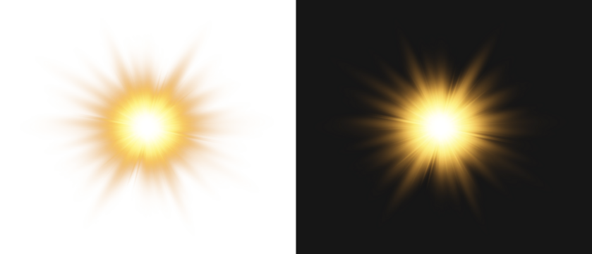 Yellow star flashed with sparkles sun isolated on white background. Soft glow without departing rays, sunlight with lens flare effect. PNG vector light effect.