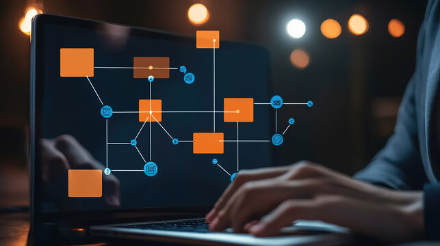 Workflow automation and business process mapping concept. Businessman touching flowchart interface, representing workflow automated, process planning, business flow, system optimization,