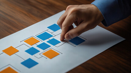 Workflow automation and business process mapping concept. Businessman touching flowchart interface, representing workflow automated, process planning, business flow, system optimization,