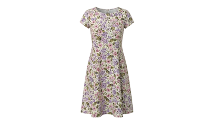 Feminine short sleeved dress exhibits a small scale repeating floral pattern against a light background