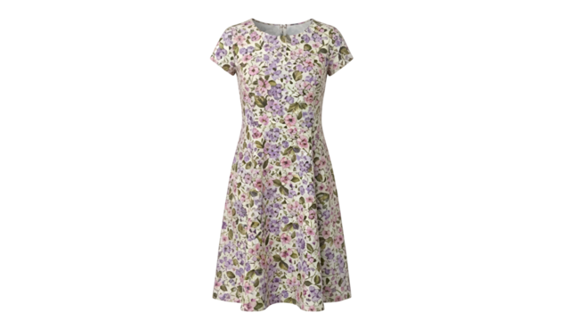 Feminine short sleeved dress exhibits a small scale repeating floral pattern against a light background