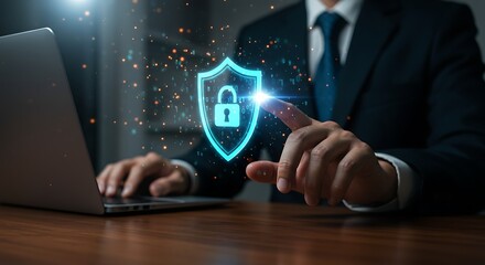 Man's hand activating a digital security shield with a padlock. Protecting corporate data from cyberattacks, malware, and online threats