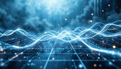 Abstract Blue Digital Energy Waves Flowing Over a Futuristic Grid.