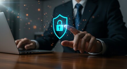 A professional in a suit uses a futuristic interface to activate a security shield, ensuring data protection and privacy for his corporate network