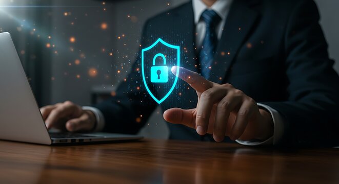 A professional in a suit uses a futuristic interface to activate a security shield, ensuring data protection and privacy for his corporate network