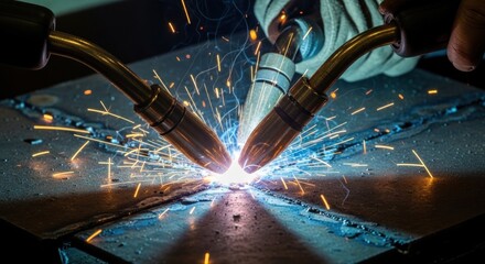 Intense Welding: Dual Torches Create Sparks, Light, and Heat.