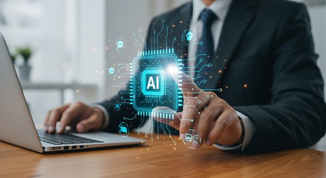 Man in suit interacts with a glowing AI hologram, symbolizing digital transformation, innovation, business intelligence, and the future of corporate work