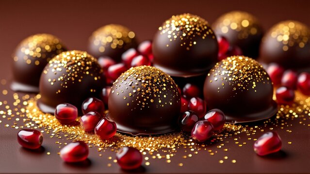 group dark chocolate truffles gold glitter top six total arranged scattered manner dark brown surface truffels round glossy finish covered small gold dots giving sparkly appearance around scattered