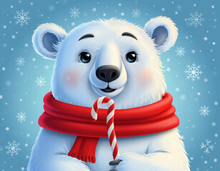Cute polar bear holding candy cane in snowy winter scene, spreading holiday cheer with its warm smile and festive red scarf.
