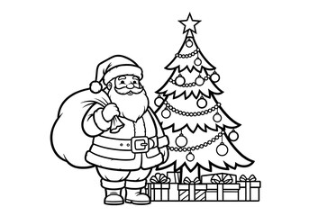 Santa Claus with Christmas tree and presents coloring page