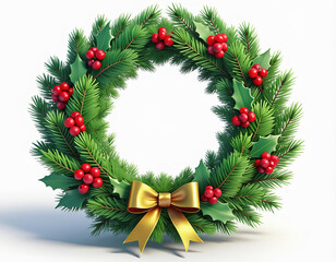 Christmas wreath adorned with red berries and golden bow hangs against a white backdrop, evoking a festive and joyful holiday spirit.