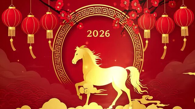 Animated Chinese New Year 2026 greeting video with a golden Horse zodiac animal, red lanterns, cherry blossom and a traditional golden border on red background.