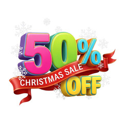 Fototapeta premium Fifty percent Christmas sale off with colorful 3d text on red ribbon and snowflakes